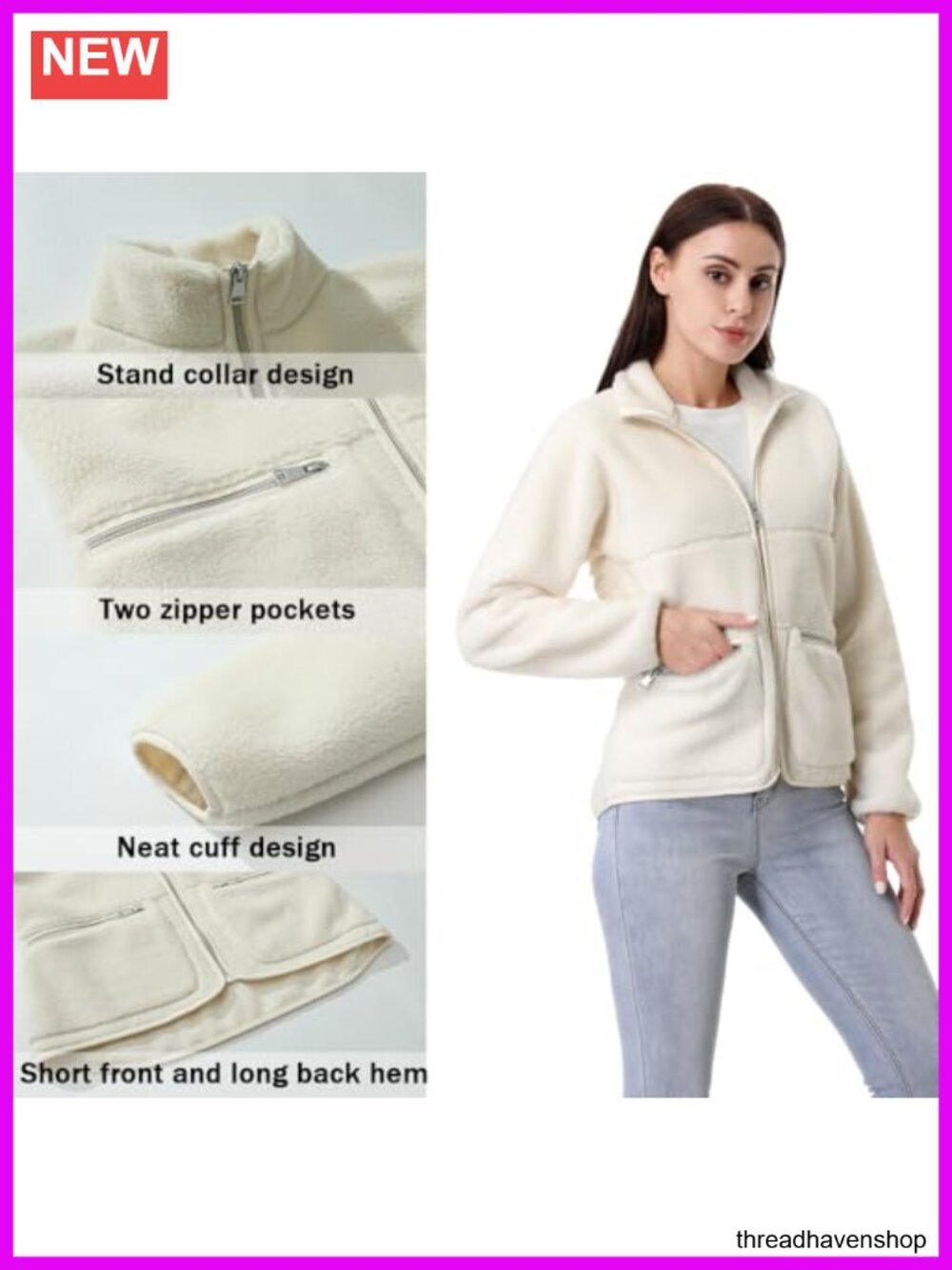 Long Sleeve Zip Up Sherpa Coat Soft Polar Fleece Jacket with Zipper Pockets - Picture 4 of 4